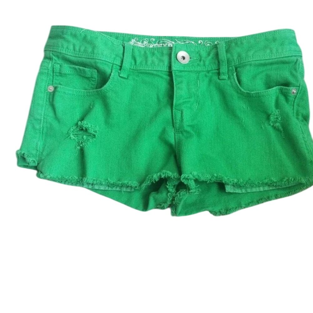 Express Green Distressed Cutoff Denim Shorts Womens Size 0 Frayed Hem Cotton Ble